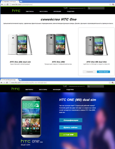 Скриншоты страниц с описанием смартфона HTC One M8 Dual SIM
